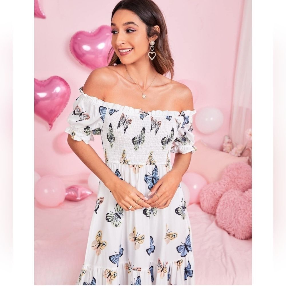 Love, Fire Butterfly Dress M White Off Shoulder Mini Smocked Summer AV-1636